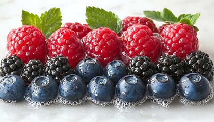 Fresh berries in foam on marble