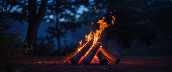 Campfire burning brightly at night surrounded by nature in a tranquil outdoor setting