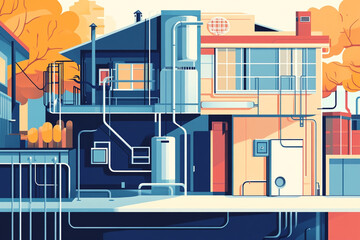 Abstract building exterior with exposed pipes and autumn trees art city blue flat urban style house