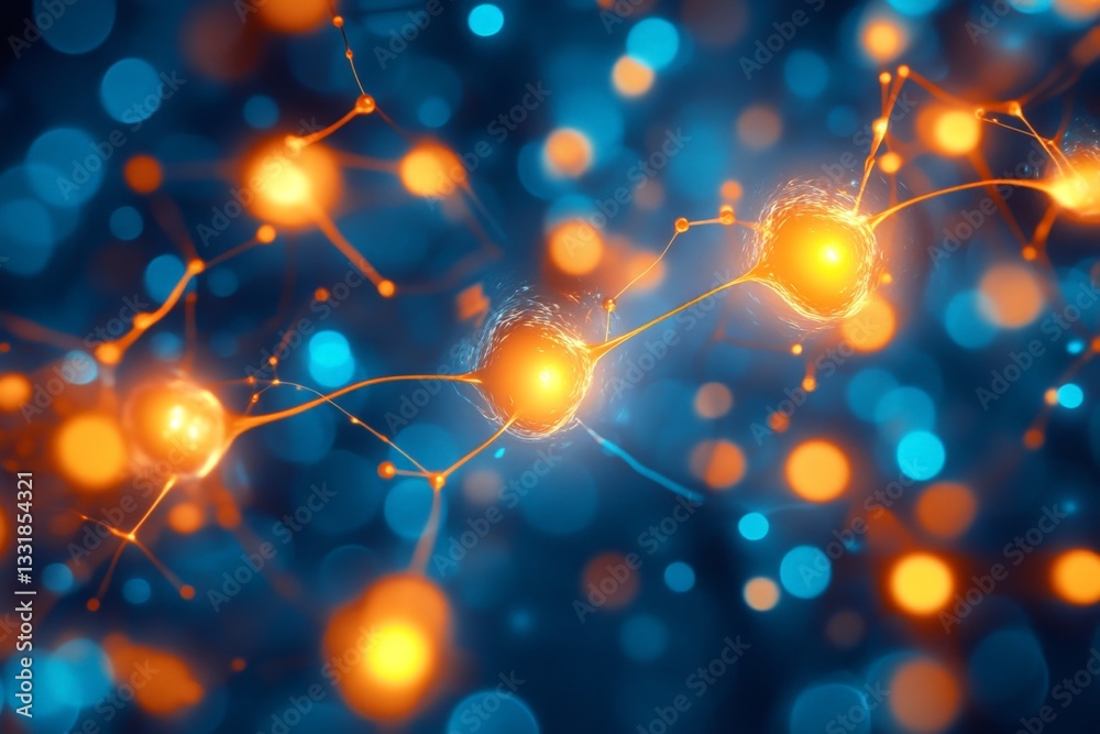 Poster Complex network of glowing neurons interacting in a vibrant digital backdrop showcasing neurological activity