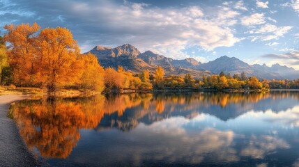 Fototapeta premium Autumn lake reflection, mountain sunrise, scenic panorama