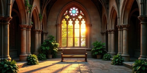 Obraz premium Serene Sanctuary Sunlight Illuminates a Tranquil Gothic Hallway with Stone Columns, Lush Greenery, and a Simple Wooden Bench