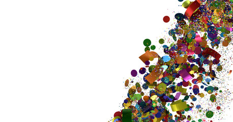 A vibrant image featuring colorful confetti and ribbons falling on a white background, perfect for celebratory and festive designs.