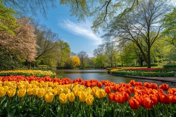 Obraz premium Colorful tulip garden by serene pond during bright spring day in the park