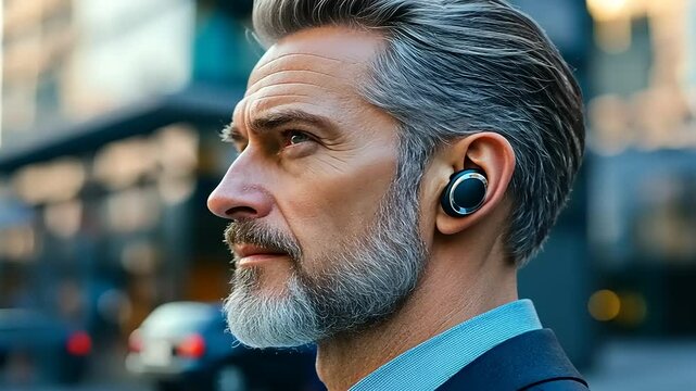 Professional man wearing wireless earbuds, walking in an urban setting with modern buildings in background