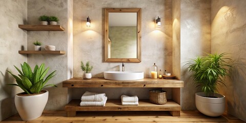 Serene Minimalist Bathroom: Natural Light, Wooden Mirror, Plants, Towels