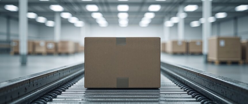 Cardboard box on conveyor belt in warehouse distribution center.