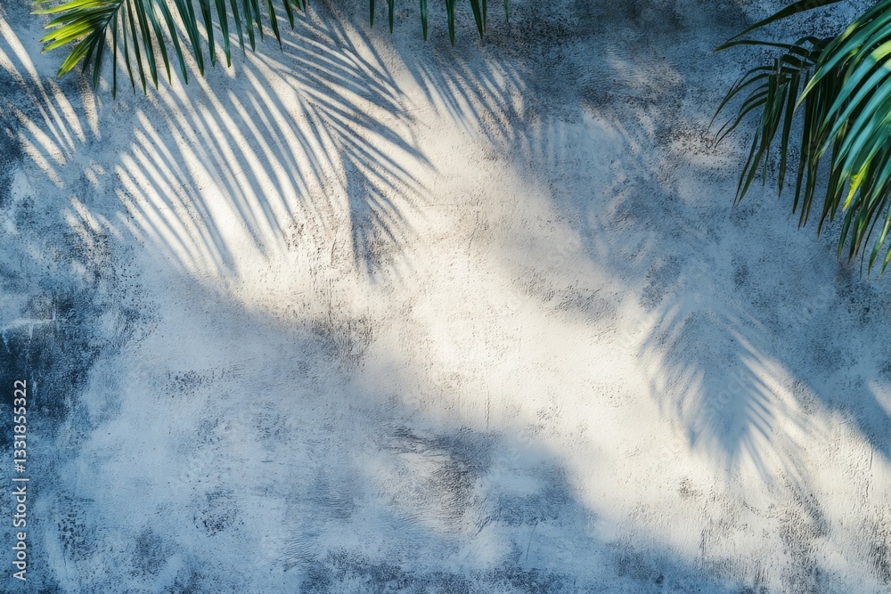 Poster sunlight casts palm leaf shadows on textured concrete wall during midday in a tropical setting