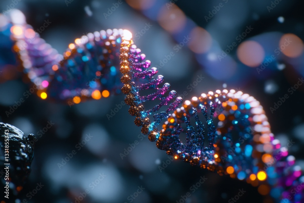 Aufkleber Colorful representation of a DNA double helix structure illuminated in a dark environment showcasing genetic patterns and sequences