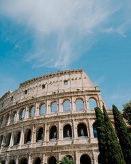 Colosseum in Rome with a clear blue sky and lush greenery in the foreground.