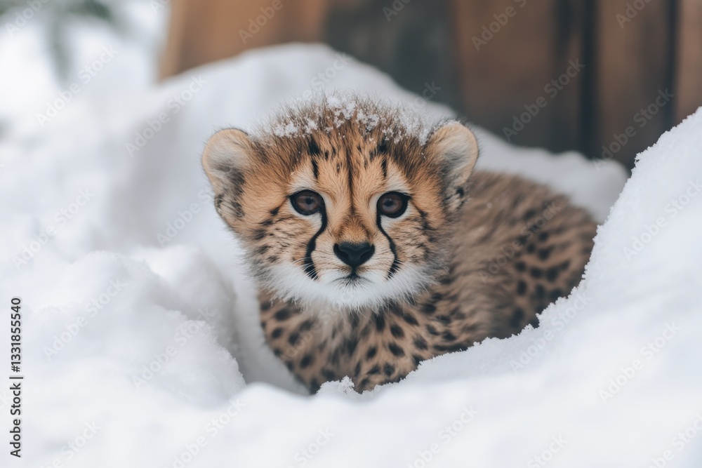 Poster cheetah cub resting in soft snow during winter in a natural habitat, showcasing its playful and curi