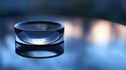 Reflective glass cylinder with inverted tree landscape image art blue life cool calm macro still