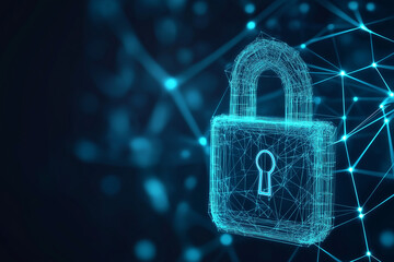 Cyber security concept. Lock symbol from lines and triangles, point connecting network on blue background. 3d padlock against a neon light blue with a dark background
