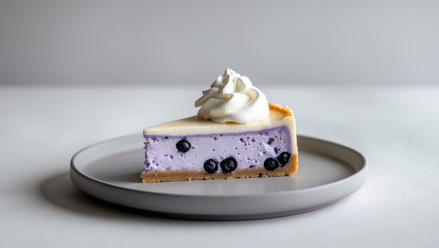 Creamy Lavender Blueberry Cheesecake Slice on Grey Plate.