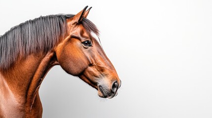 Captivating side portrait of a beautiful horse on a pure white background showcasing its natural elegance