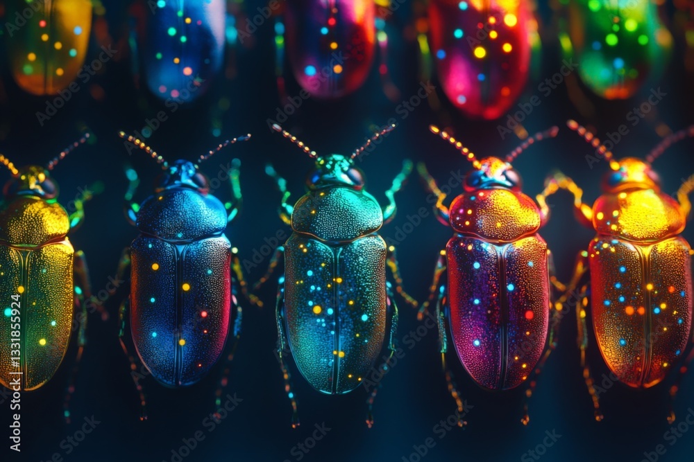Poster colorful beetles display vibrant patterns under bright light in an artistic arrangement