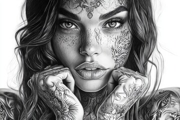 Portrait of a woman with intricate tattoos showcasing bold artistry and striking features in a close-up setting