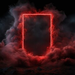 Abstract RED neon frame on a black background with smoke