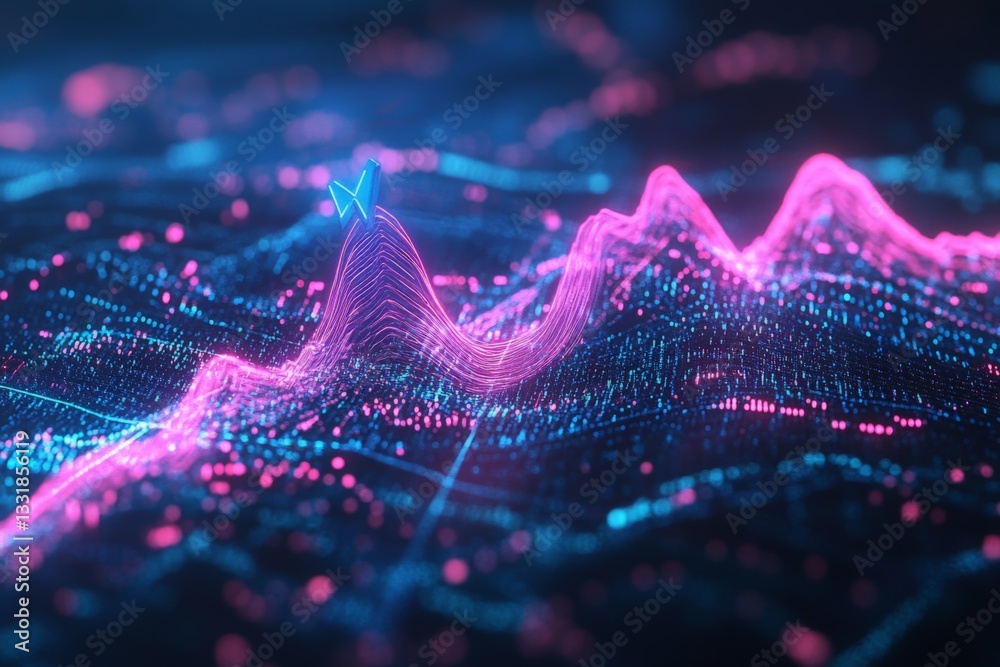 Poster Vibrant digital landscape with flowing lines and glowing particles representing data visualization trends and analytics