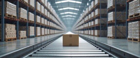 Fototapeta premium Conveyor belt transporting a cardboard box in a large warehouse filled with stacked pallets during daytime.