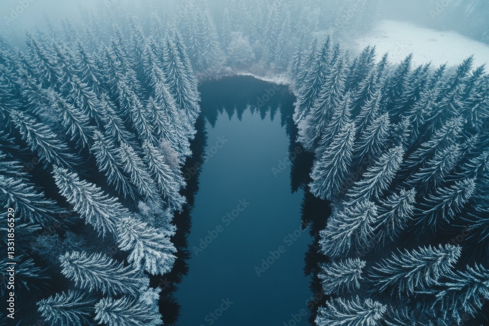 Poster winter landscape featuring a frozen lake surrounded by snow-covered pine trees in a serene forest se