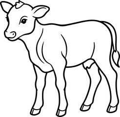 Obraz premium Simple line art drawing of a calf with small horns and a swishing tail, ideal for printable farm animal sheets, rural branding, and agricultural education. 
