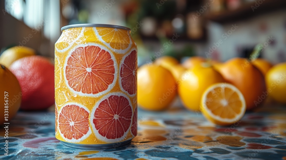 Poster a vibrant soda can decorated with sliced oranges, is positioned amidst a variety of fresh oranges on
