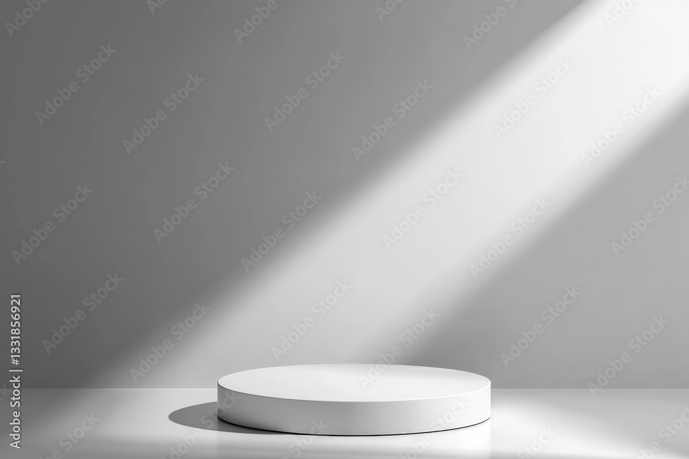 Poster Minimalist display platform under bright light creates a striking shadow effect in a simple environment