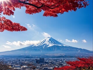 Mount Fuji in Autumn with Red Maple Leaves