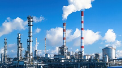 Obraz premium An oil refinery with smokestacks and pipelines stretching across the landscape