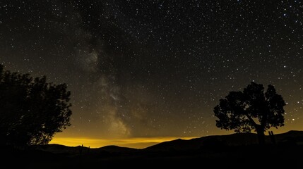 Fototapeta premium Night Sky Panorama: Majestic Milky Way over Silhouetted Trees and Distant Hills