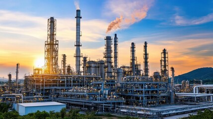 Obraz premium An oil refinery with smokestacks and pipelines stretching across the landscape
