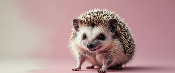 Cute hedgehog exploring on a soft pink background in a playful moment capturing its adorable features and spiky texture