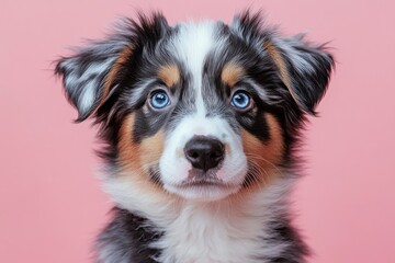 Fototapeta premium Cute Australian Shepherd Puppy with Blue Eyes and Fluffy Coat on Pink Background