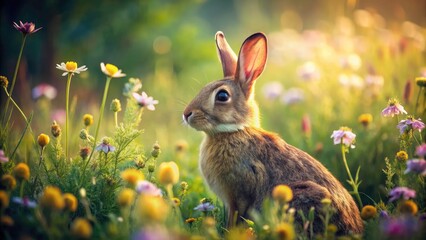 Vintage Style Photography of a Standing Brown Rabbit in a Meadow, Classic Animal Portraits, Nature, Retro Aesthetic, Wildlife, Woodland Creatures, Dreamy Atmosphere, Soft Focus, Natural Light