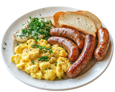 delicious breakfast plate featuring scrambled eggs, crispy sausage links, and toasted bread, garnished with fresh herbs for added flavor