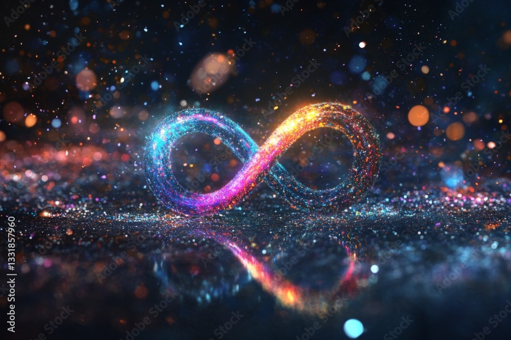 Poster colorful infinity symbol glowing in a cosmic space with dazzling particles and reflections