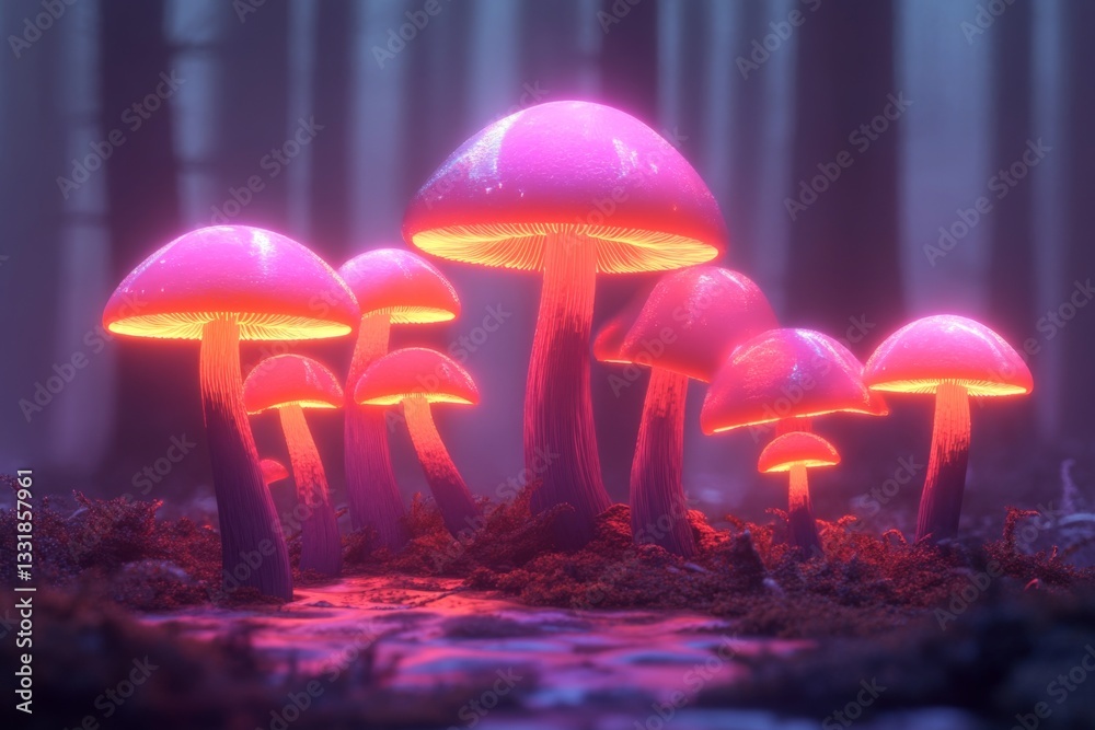 Aufkleber Brightly glowing mushrooms illuminate a mystical forest during twilight hours creating an enchanting atmosphere