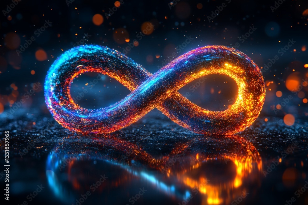 Poster colorful infinity symbol glowing in a dark setting with shimmering particles