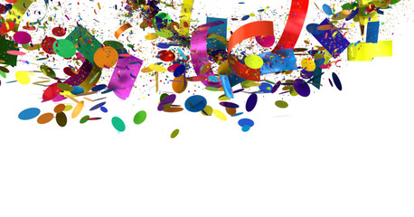 A festive background image featuring colorful confetti and ribbons falling on a white background, perfect for celebrations, parties, and events.