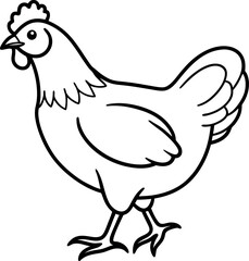 Fototapeta premium Simple line art drawing of a hen with a full feathered tail, ideal for farm animal graphics, printable coloring sheets, and agricultural designs. 