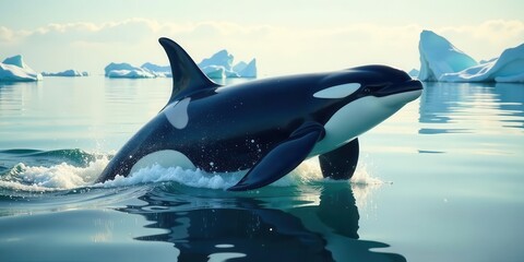 Fototapeta premium Majestic Orca Leaps Gracefully Through Icy Waters, A Breathtaking Display of Aquatic Power and Natural Beauty