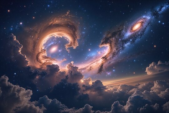 Luminous Galaxy Cloud Formations in Space: Enchanted Night Cosmic Scenery and Celestial Marvels