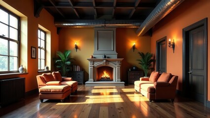 Fototapeta premium Warm Sunset Hues in a Luxurious Living Room with a Cozy Fireplace and Ornate Details