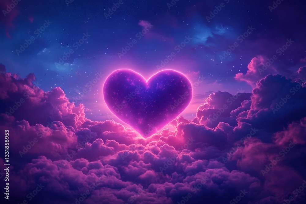 Poster colorful heart shape glows in vibrant clouds during twilight hours in a magical sky view