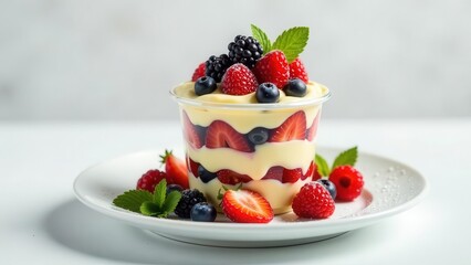 Delicious Layered Berry Dessert in a Clear Cup with Fresh Fruit Garnish