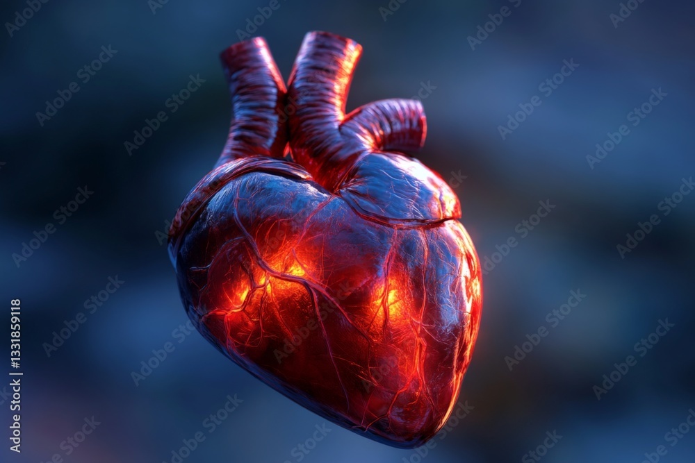 Poster heart model glowing in vibrant colors against a blurred background showcasing anatomical features an