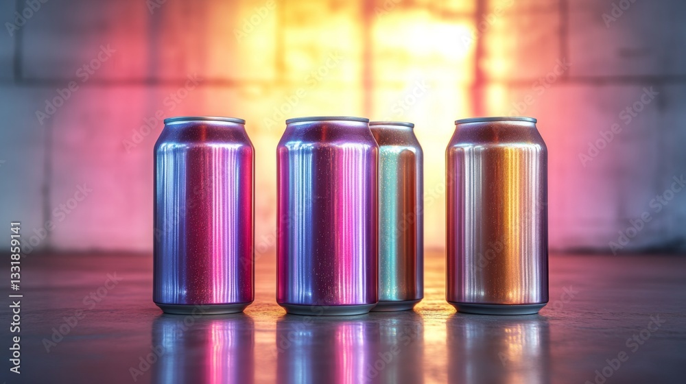 Poster four metallic cans stand in a line against a vibrant, illuminated background. the light reflects off