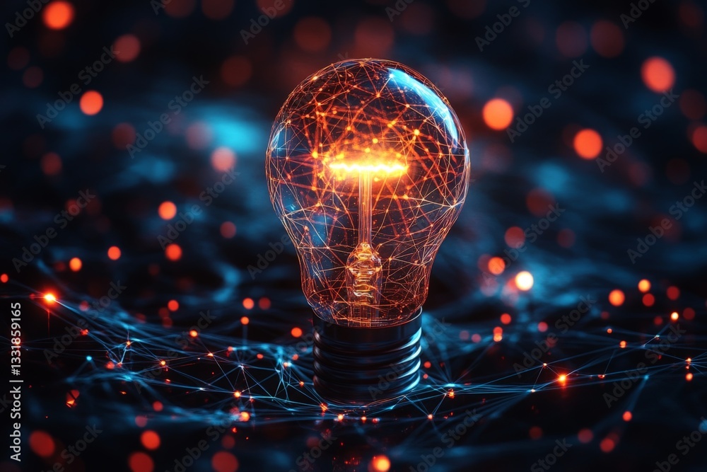 Aufkleber innovative light bulb illuminated within a network of glowing connections in a dark environment