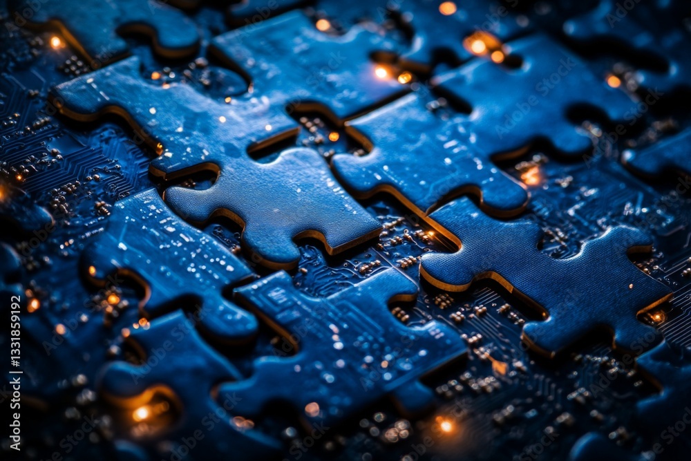 Poster Electronics integrated with puzzle pieces symbolizing technology and innovation in a modern context